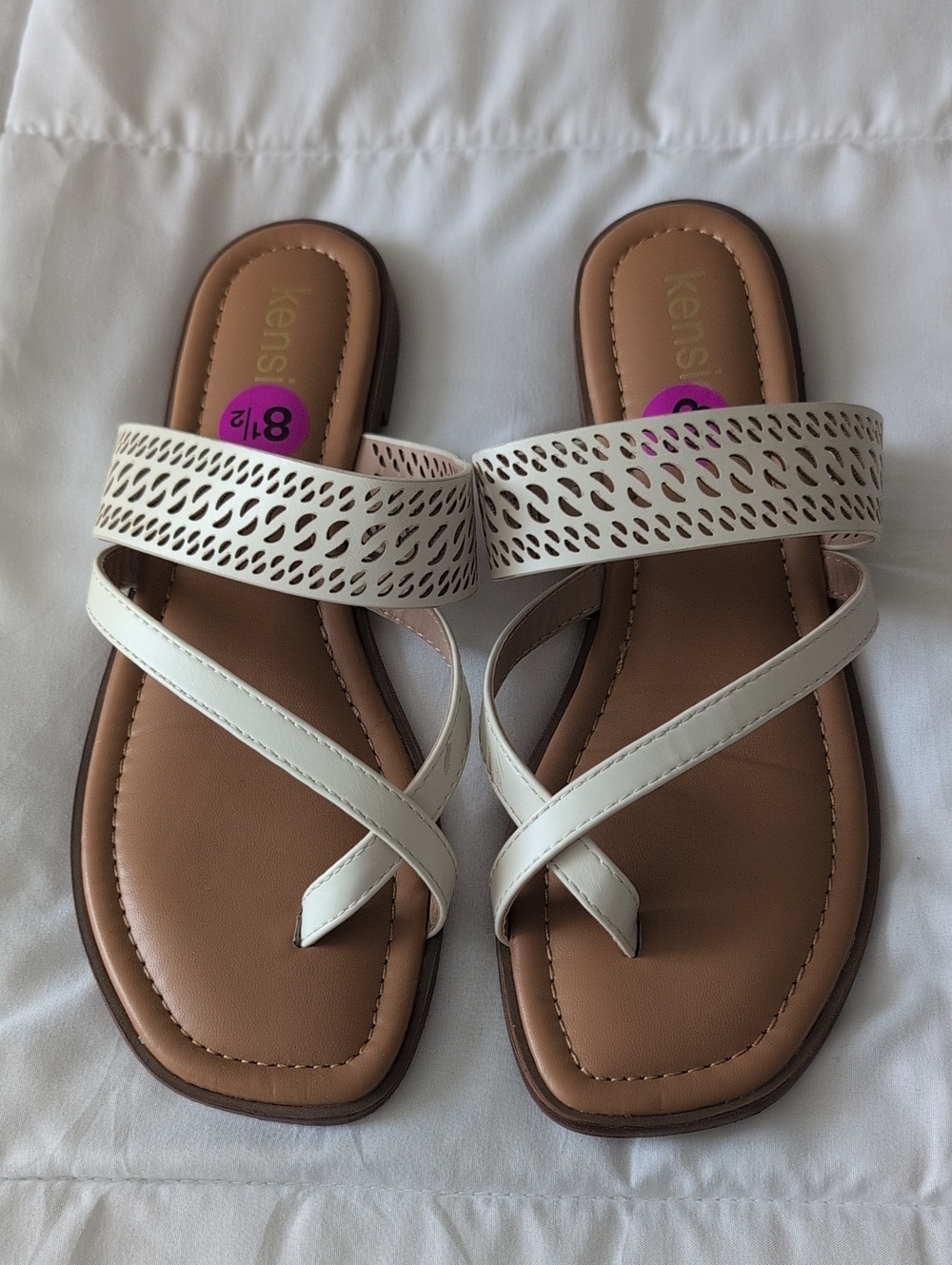 Kensie White Laser-Cut Double-Strap Sandals